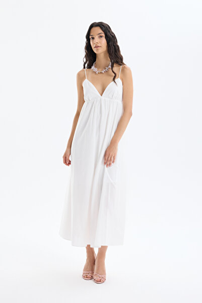 Quzu Thin Strap V-Neck Long Dress Ecru