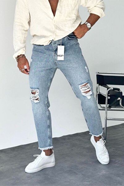 MADZEYMODA Чоловічі джинси синього кольору з розрізами та бахромою на штанинах