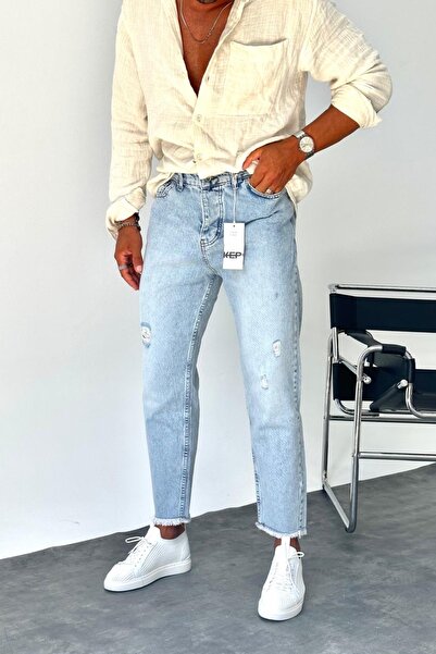 MADZEYMODA Чоловічі джинси-кльош з розривами та бахромою на штанинах, кольору льоду