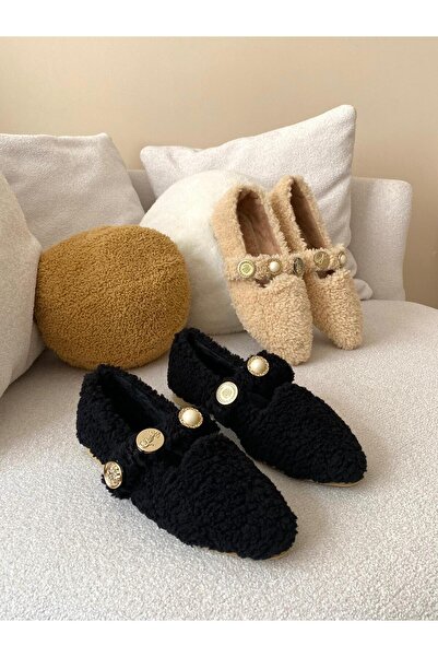 Büşra Sultan Ayakkabı & Çanta Kadın Siyah Teddy Peluş Tokalı Balerin Babet