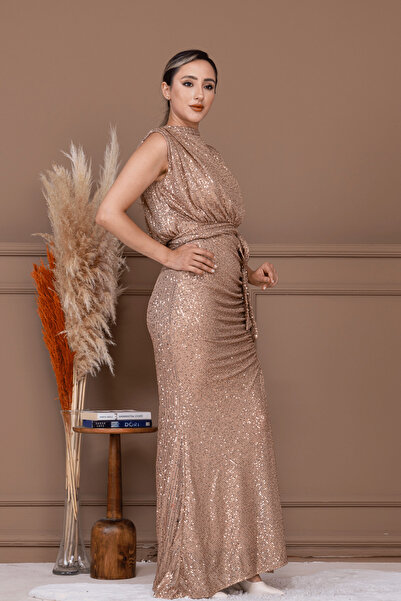 BEYBOS Pul Payet Kumaş Büzgü Detaylı Abiye Elbise - BRONZ