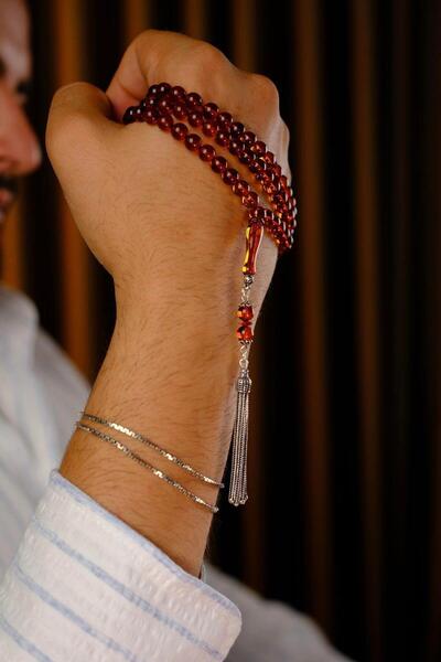 dergah tesbih Özel Gümüş Tasarım 99`luk Damla Kehribar Namaz Tesbihi (Amber), (مسبحة قطرة كهريبار)