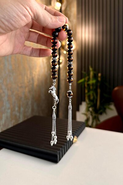 dergah tesbih At Figürü Full Gümüş Tasarım Sıkma Kehribar Zaza Tesbih