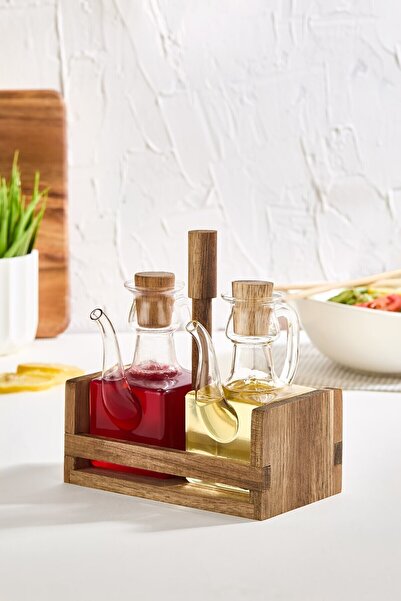 Lora Bianca طقم وعاء زيت وخل زجاجي مكون من قطعتين مع حامل خشب أكاسيا