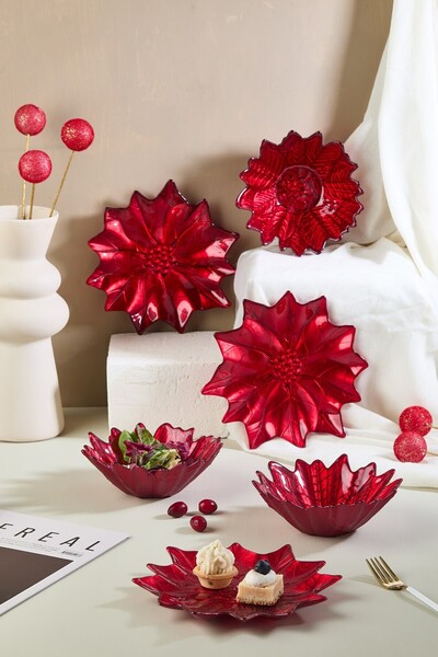 Lora Bianca Red Poinsettia Glass Plate & Bowl Set - 3 Plates - 3 Bowls