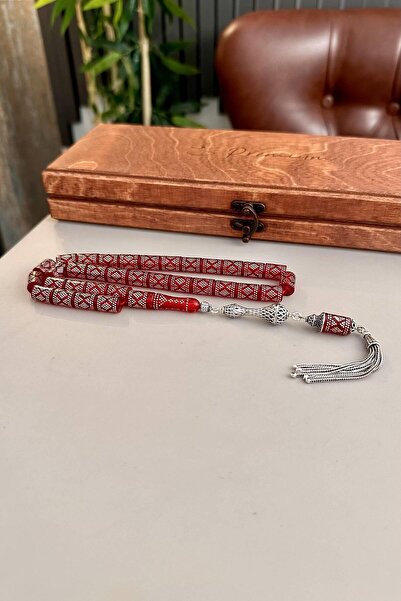 dergah tesbih Hattat Serisi Gümüş İşlemeli Kırmızı Sıkma Kehribar