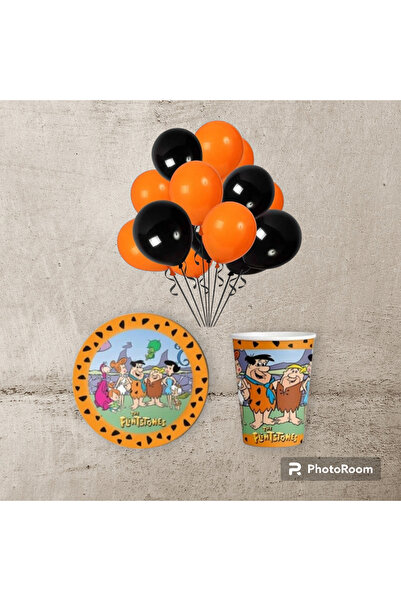 Deniz Party Store 5 Siyah 5 Turuncu  Balon  Taş Devri   Doğum Günü Karton Tabak Bardak  Set 8 Kişilik