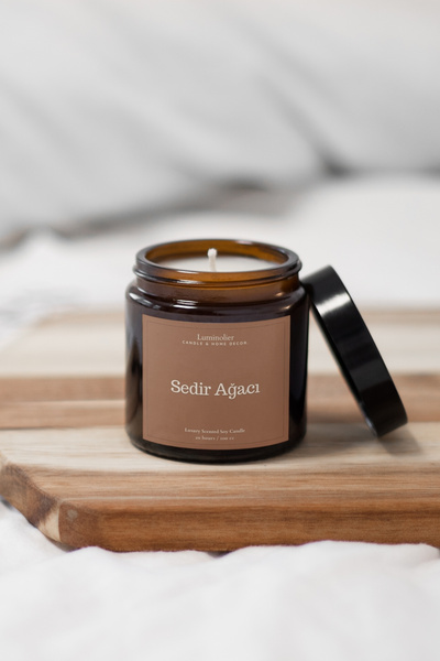 Luminolier Sedir Kokulu Cam Amber Kavanoz Mum - %100 Doğal Soya Mum - 100cc – El Yapımı Aromaterapi Mum