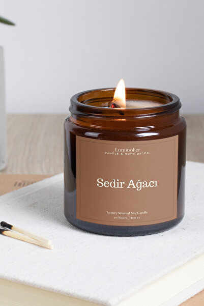Luminolier Sedir Kokulu Cam Amber Kavanoz Mum - %100 Doğal Soya Mum - 100cc – El Yapımı Aromaterapi Mum