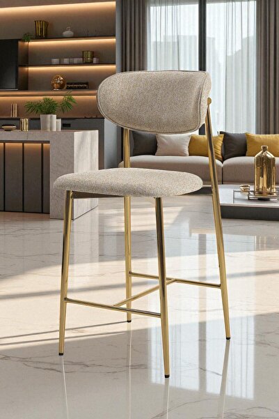 fursimo Hanev Serisi 1 Adet 65 Cm Krem Ada Mutfak Bar Sandalyesi Gold Kaplama Metal Ayak