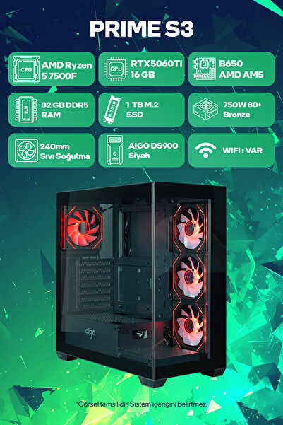 Game Garaj Prime S3 AMD Ryzen 5 7500F 32GB RAM 1TB SSD RTX5060Ti 16GB 240mm Sıvı Soğutma FreeDOS Oyuncu Tavsiye
