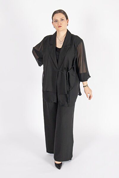 Bedrinxxl Kadın Büyük Beden Siyah Şifon Kol Detaylı Ceketli Takım Özel Gün Alt Üst Takım Şık