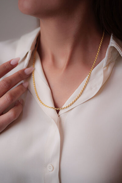 Kiriş Gümüş 925 Ayar Gümüş Altın Yaldızlı Halat Zincir Kadın Gümüş Kolye (2.8...