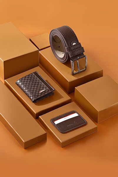 Polo Air Kahverengi Dama Desenli Kutulu Erkek Cüzdan Kemer Kartlık Seti