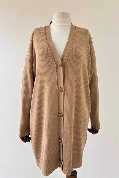 Ka Hijab Ζακέτα Mercerized με ραβδώσεις με κουμπιά - Milk Brown