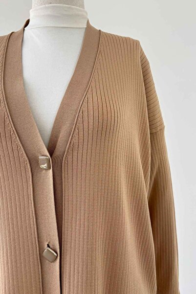 Ka Hijab Ζακέτα Mercerized με ραβδώσεις με κουμπιά - Milk Brown