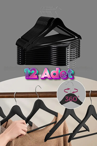 grimorlife 12 Adet Ekonomik Siyah Ahşap Görünümlü Plastik Elbise Askısı