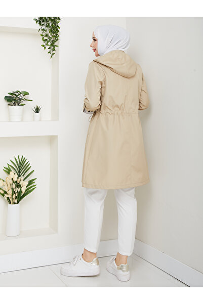 RACE FASHİON Çizgi Desenli Bondit Kumaş Beli Lastikli Kapşonlu Su Geçirmez Trençkot RC905010