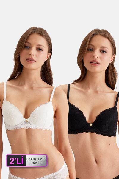 Pierre Cardin 2'li Ekonomik Paket Siyah-ekru 4731001-2 Rome Balenli Soft Push Up Dantelli Sütyen Set