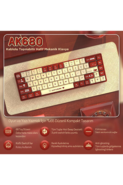 Ajazz AK680 Kablolu Brown Switch Mekanik Klavye-Rainbow Aydınlatma Hot-Swap