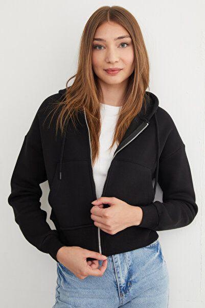 Fulla Moda Hanorac crop cu glugă și buzunare de bază cu 3 fire