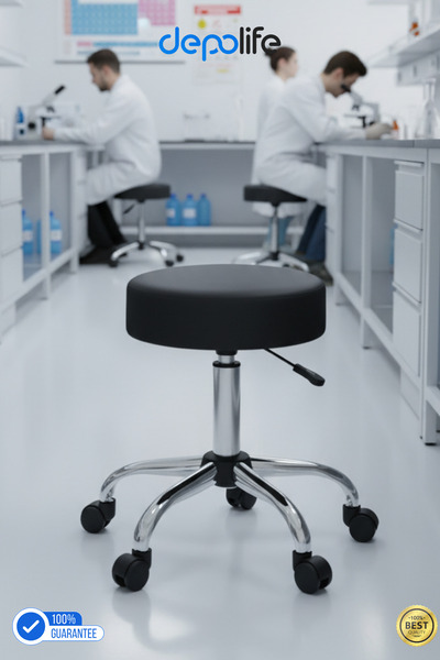 Depolife Krom Ayaklı Ofis Kasiyer Taburesi 360 Derece Tekerlekli Deri Döşeme Oturak Eczane Laboratuvar Siyah