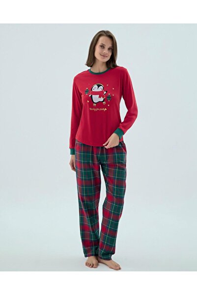 Sevim 17346 Green and Red Plaid Penguin Pajama Set'Mother Daughter Family Combination Can Be Made'