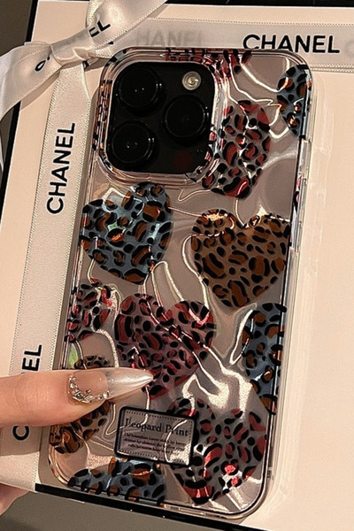 EWEC iPhone 14 Pro Uyumlu Kalpli Leopar Desenli Hologramlı IMD Premium Telefon Kılıfı