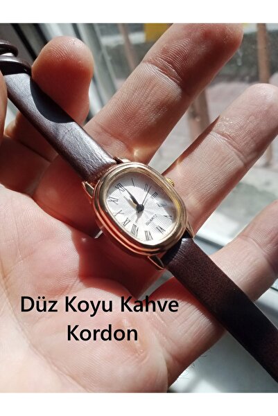 QUARTZ Retro Minimal Model Vintage Koyu Kahve Kordon Kadın Kol Saati bb0014