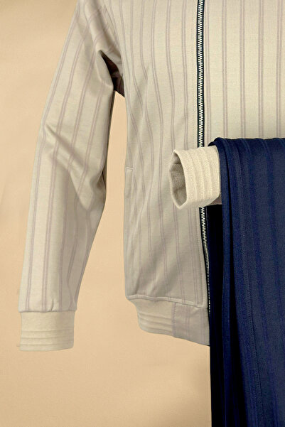 BESSA Σετ αθλητική φόρμα μπεζ γιακά με ριγέ ύφασμα ίσιο πόδι με τσέπη με φερμουάρ για άνδρες