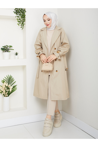 RACE FASHİON Modest Double Breasted Collar Waterproof Belted Trench Coat Rc1103013