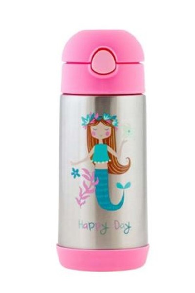 Stephen Joseph زجاجة مياه من الفولاذ المقاوم للصدأ بغطاء للفتيات بتصميم حورية البحر باللون الوردي