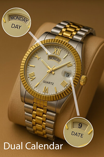 Eyiser Store Men's Wrist Watch Double Calendar Grey & Gold Metal Band – Stylish and Classic Design in Special Box