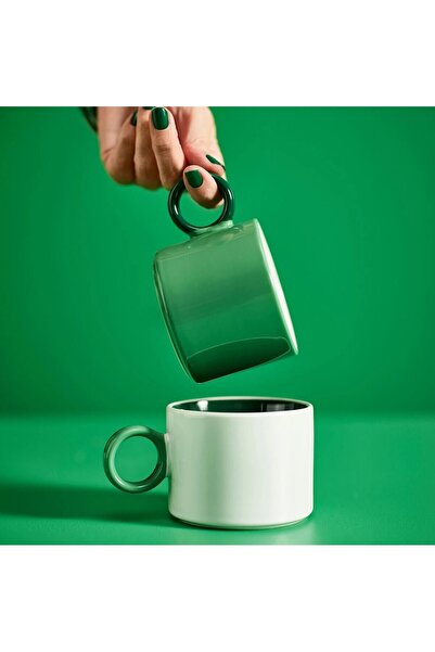 IKEA QUİCK 2 Adet Çay Fincanı Yükseklik 7 Cm 2'li Set Kulplu Kupa Beyaz-Yeşil Bardak Hacim 300 ml