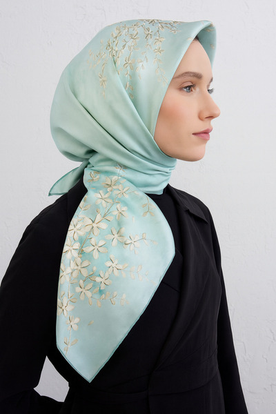 Armine Turkuaz Taş Çiçek Desen Tivil İpek Eşarp 9177 - 81
