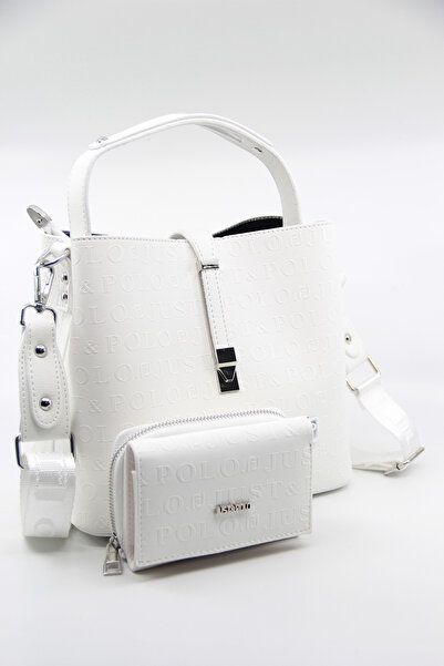 Just Polo Beyaz Yeni Sezon Baskılı 3 Bölmeli Kadın Omuz Çantası Ve Cüzdan Kom...