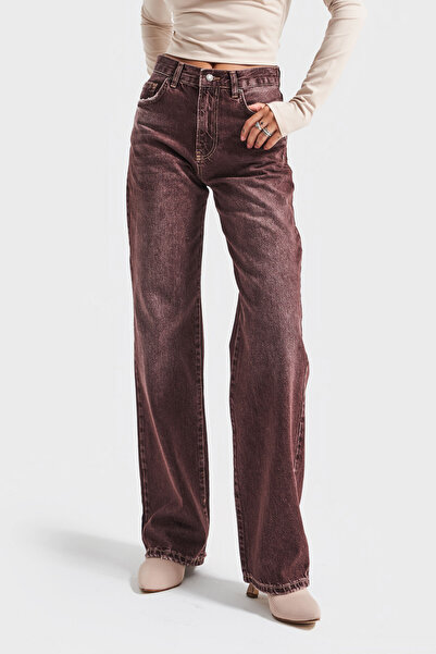 its basic Women's Stonewashed Burgundy Color 2W5-131 Loose Fit Mid Waist Inner Length 80cm 100% Cotton Denim Jean