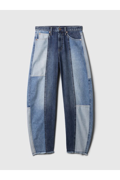 GAP Kadın Mavi High Rise Patchwork Barrel Jean Pantolon