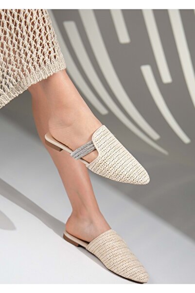 Kocamanlar Ayakkabı Feles Thin Sole Straw Detailed Women's Slippers Beige