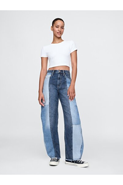 GAP Kadın Mavi High Rise Patchwork Barrel Jean Pantolon