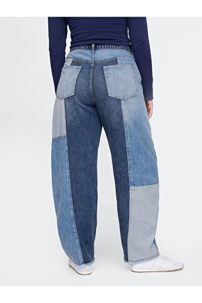 GAP Kadın Mavi High Rise Patchwork Barrel Jean Pantolon