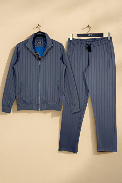 BESSA Σετ αθλητική φόρμα με καπνιστό γιακά με ριγέ ύφασμα με επένδυση με ίσιο πόδι με τσέπη με φερμουάρ για άνδρες