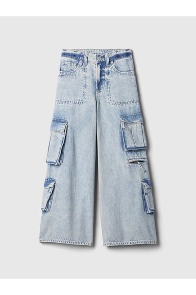 GAP Kız Çocuk Açık Mavi Mid Rise Double Kargo Baggy Jean Pantolon