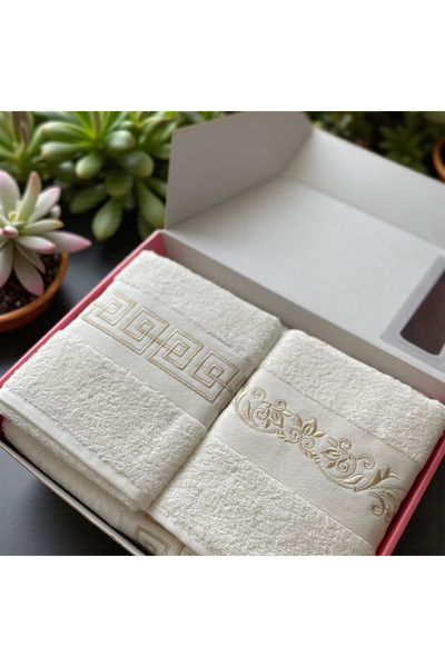 Ercahome tekstil işlemeli krem rengi %100 cotton 4 parça banyo havlu takımı/ ...