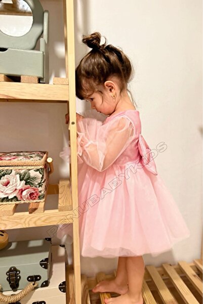 penu baby kids Pembe Pırıltılı Kumaş Kol Ucu Fırfırlı Tül Etekli Uzun Tül Kollu Kız Çocuk Kız Bebek Elbise