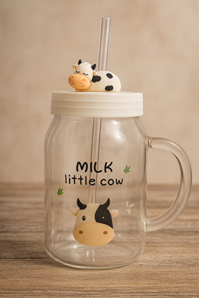 uğurlu dükkan İNEK DESENLİ PİPETLİ BÜYÜK CAM KUPA
