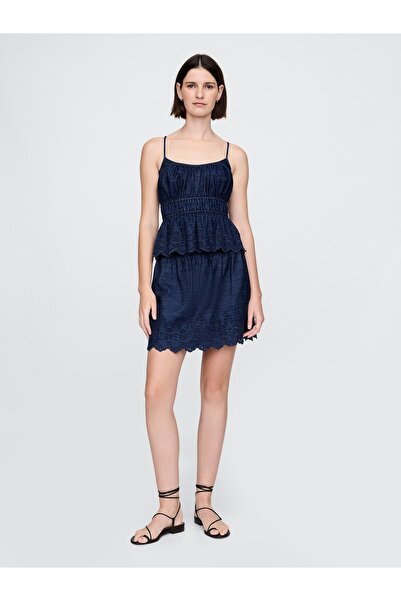 GAP Kadın Lacivert Fisto İşlemeli Denim Mini Etek