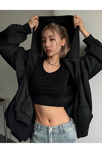 trendgar SIYAH DUZ FERMWARLI KAPŞONLU HIRKA SWEATSHİRT