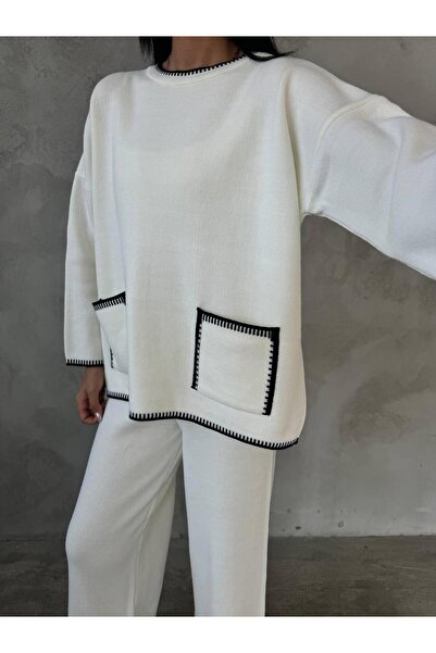 Ferte KADIN ÇİFT CEPLİ DİKİŞ DETAYLI TRİKO TAKIM RAHAT PANTOLONLU İKİLİ TRİKO TAKIM