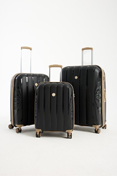 7K Siyah Krem Kemik Desenli Polipropen Kırılmaz 3'lü Valiz Seti